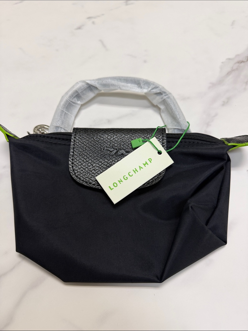 Longchamp Black Mini Le Pliage Top-Handle Tote with Green Accents